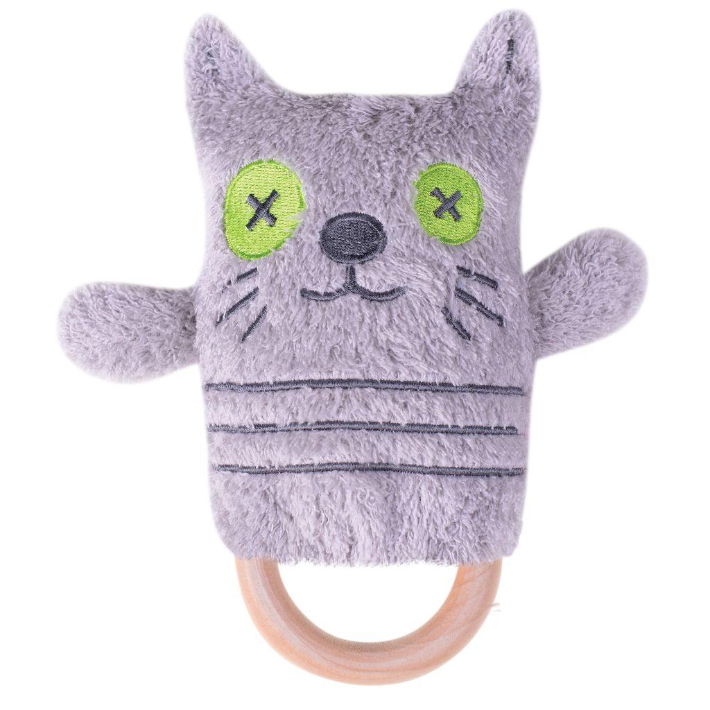 O.B. Designs pluche rammelaar Katie kat op bijtring - grijs