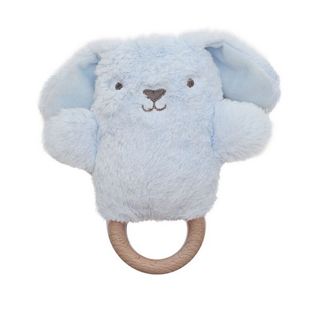 O.B. Designs pluche rammelaar konijn Bruce op bijtring - blauw