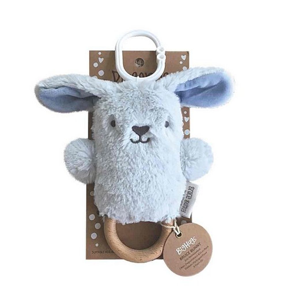 O.B. Designs pluche rammelaar konijn Bruce op bijtring - blauw - Afbeelding 2