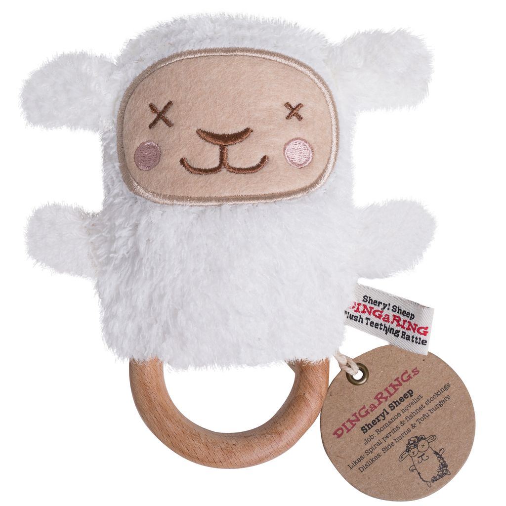 O.B. Designs pluche rammelaar schaap Sheryl op bijtring - wit