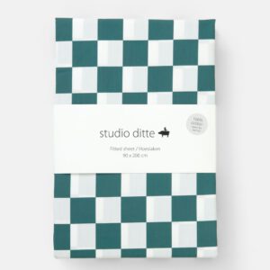 Studio Ditte hoeslaken met print blokjes 90x200 - petrol groen
