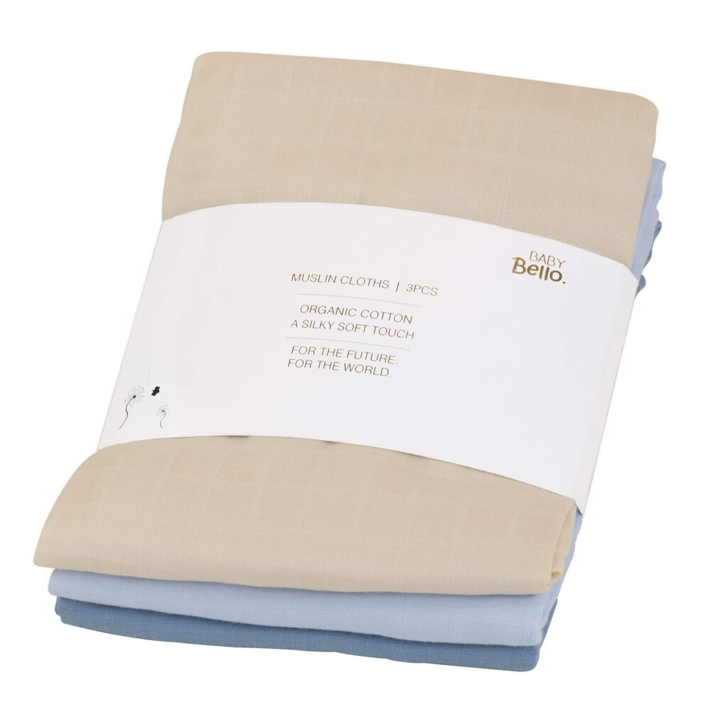 Baby Bello hydrofiele doeken set van drie 65x65 - cashmere blue / blauw-beige