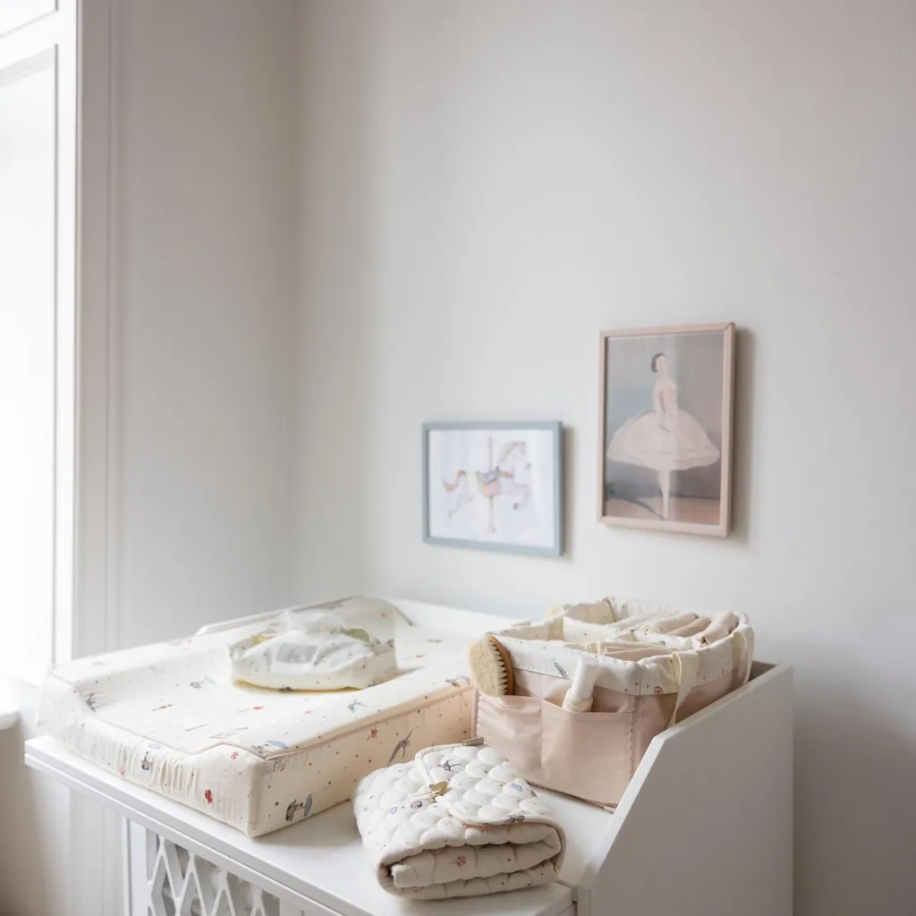 Close-up van aankleedkussen Carousel op commode in babykamer