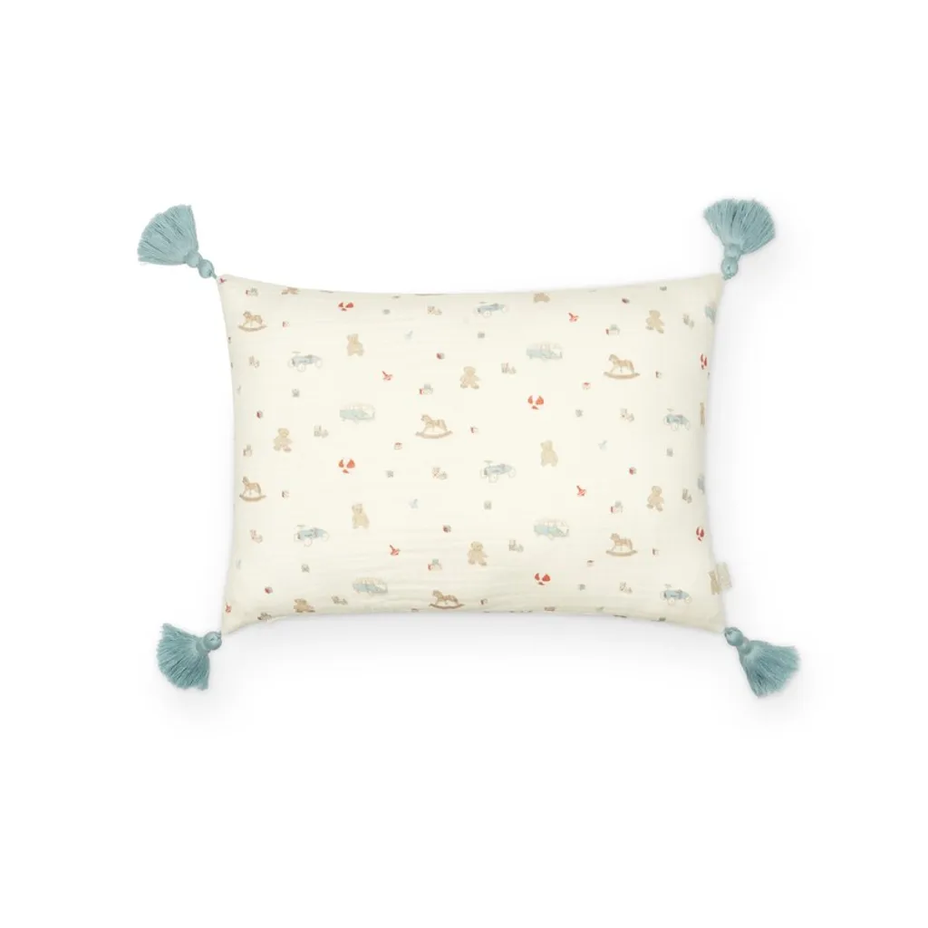 Cam Cam kinderkamer kussen vintage toys print blauw kwastjes