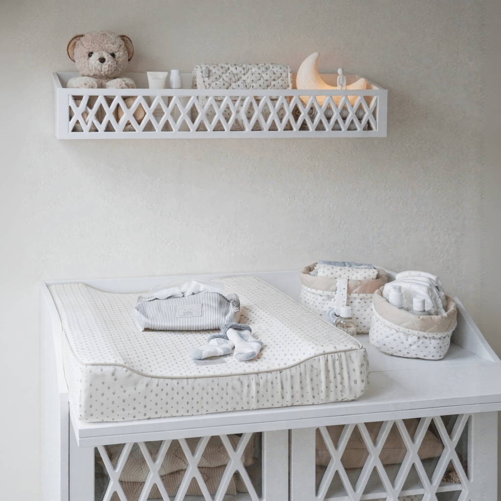 Witte commode met aankleedkussen, commodemandjes en hydrofiele doeken in neutrale babykamer